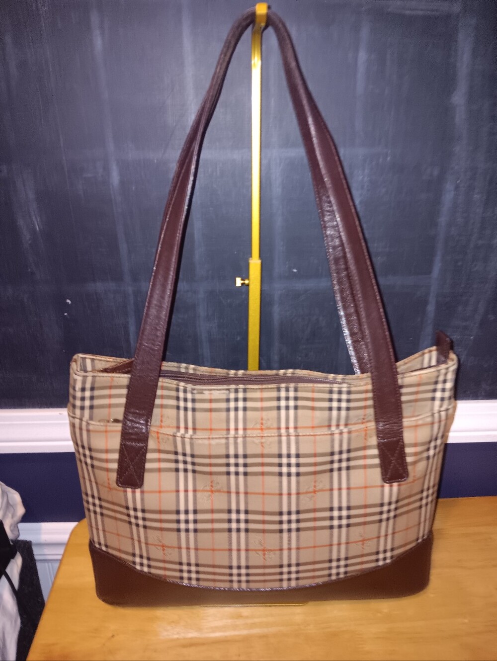 Burberry Beige Plaid Tote with Brown Leather Tote Bag